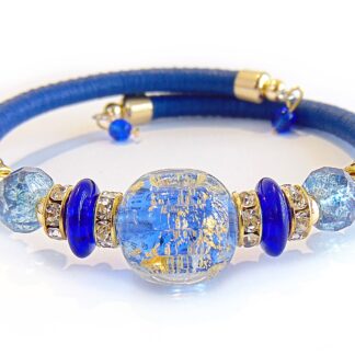 Bracciale da Donna con perle in Vetro di Murano Originale e vera pelle Toscana, Collezione Diana, blu con foglia in oro 24kt