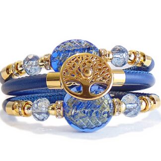 Bracciale Albero della vita con perle in Vetro di Murano Originale e tre giri di vera pelle Toscana, Collezione Bloom, con foglia in oro 24kt - Blu
