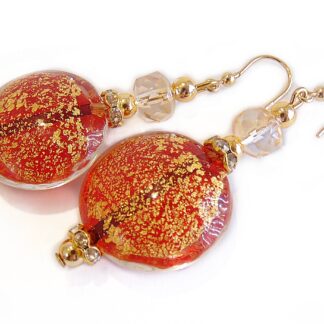 Orecchini da Donna con perle in Vetro di Murano Originale, Collezione Linde, con foglia in oro 24kt - Rosso
