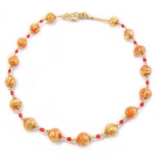 Collana da Donna girocollo con Perle in Vetro di Murano Originale, rosso chiaro con foglia in oro 24kt