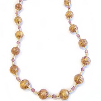 Collana da Donna girocollo con Perle in Vetro di Murano Originale, ametista con foglia in oro 24kt