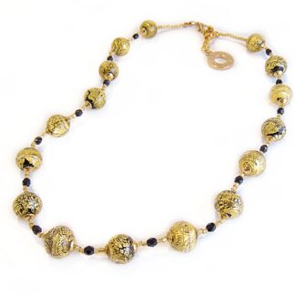 Collana da Donna girocollo con Perle in Vetro di Murano Originale, nero con foglia in oro 24kt