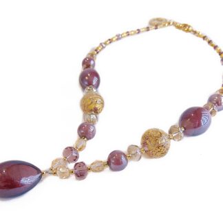 Collana da Donna girocollo, con perle in vetro di Murano Originale, Collezione Gilda Diadema, ametista con foglia in oro 24kt