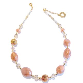 Collana da Donna girocollo con perle in Vetro di Murano Originale, Collezione Gloria, rosa con foglia in oro 24k